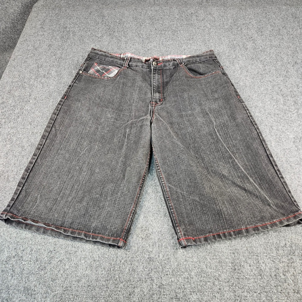 Red Ape Mens Black Denim Shorts 38 Baggy Red Contrast Stitch Plaid Trim‎ Y2Kp